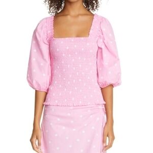 Ganni Polka Dot Smocked Organic Cotton top NWOT
